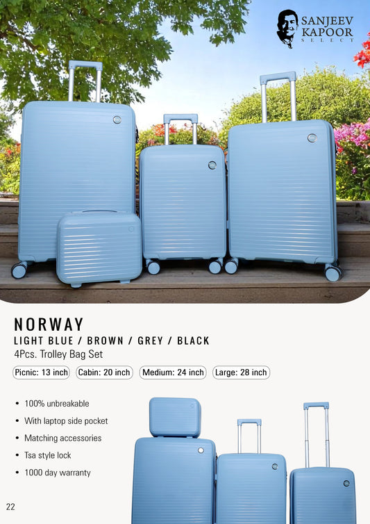 NORWAY - 4 Pc Trolley Bag Set - Light Blue / Brown / Grey / Black