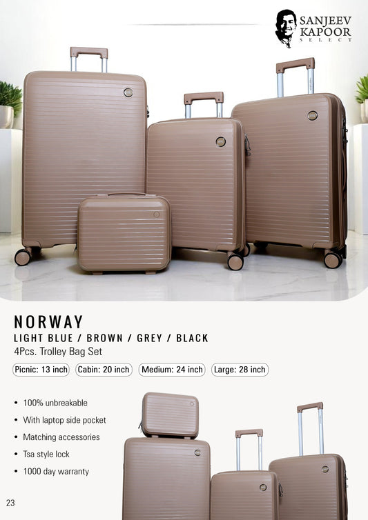 NORWAY - 4 Pc Trolley Bag Set - Light Blue / Brown / Grey / Black