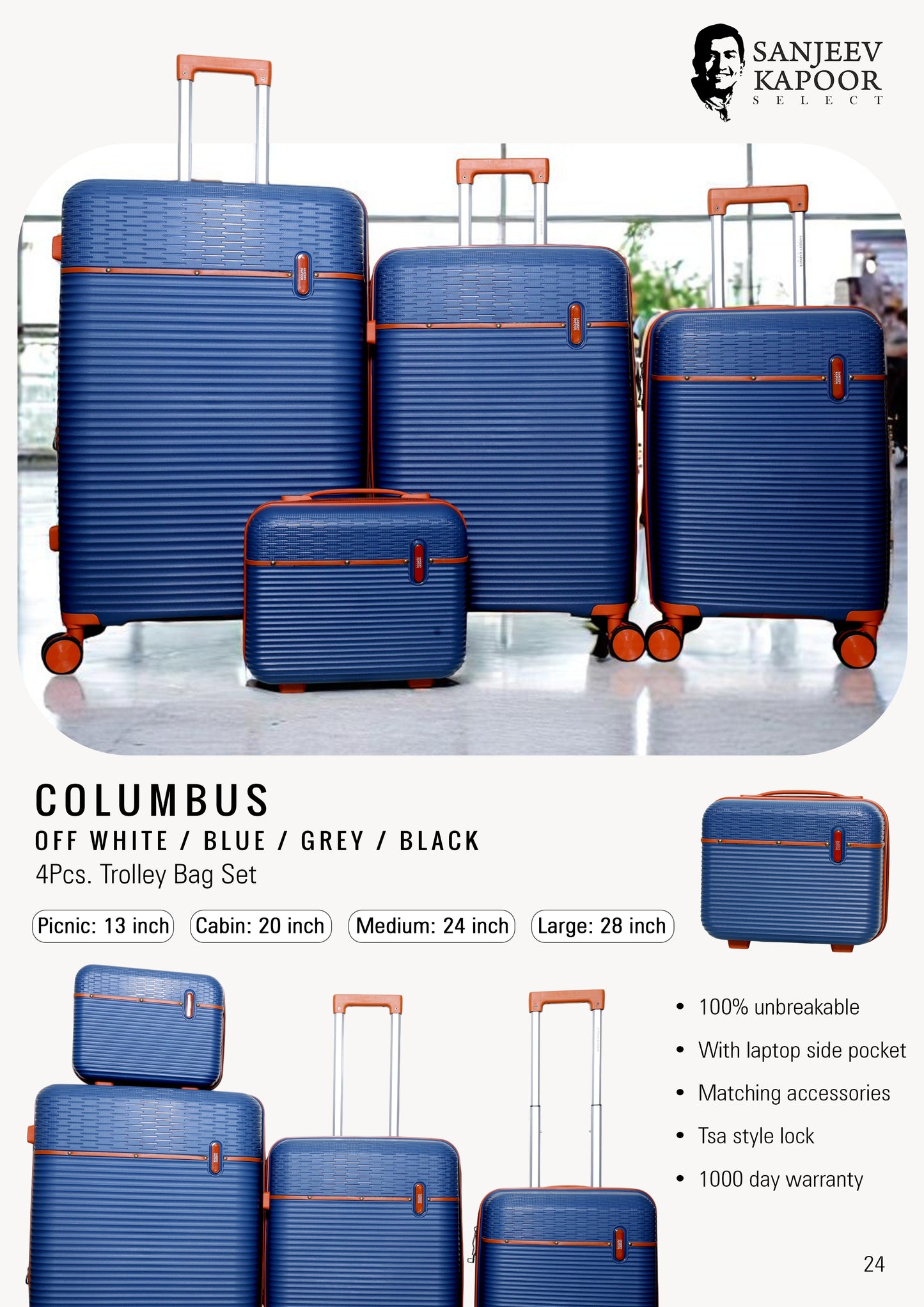 COLUMBUS - 4 Pc Trolley Bag Set - Off White / Blue / Grey / Black