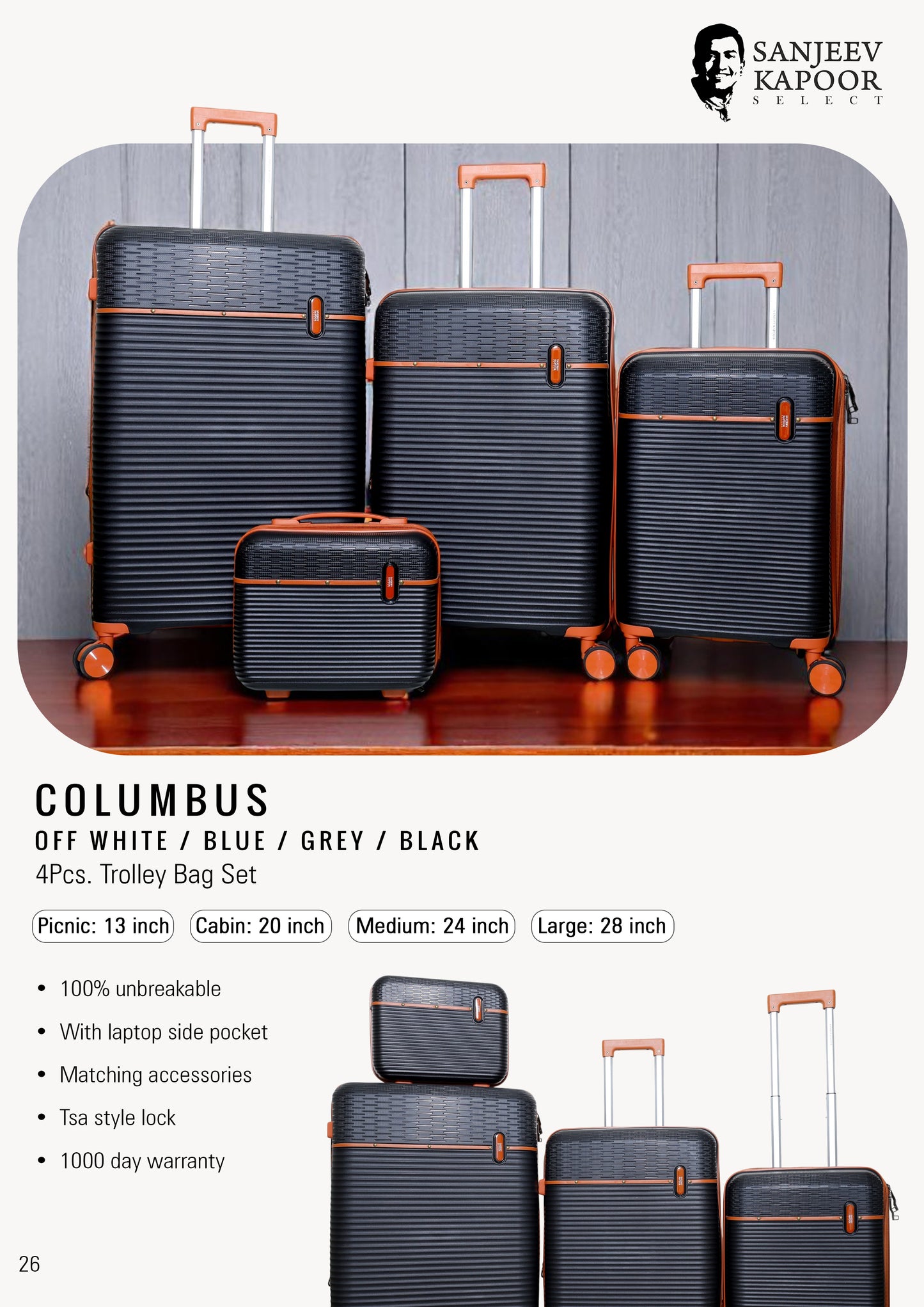 COLUMBUS - 4 Pc Trolley Bag Set - Off White / Blue / Grey / Black